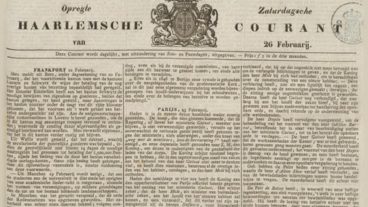 De Opregte Haarlemsche Courant rond 1848 | Uit de Tijd | Noordhollands ...