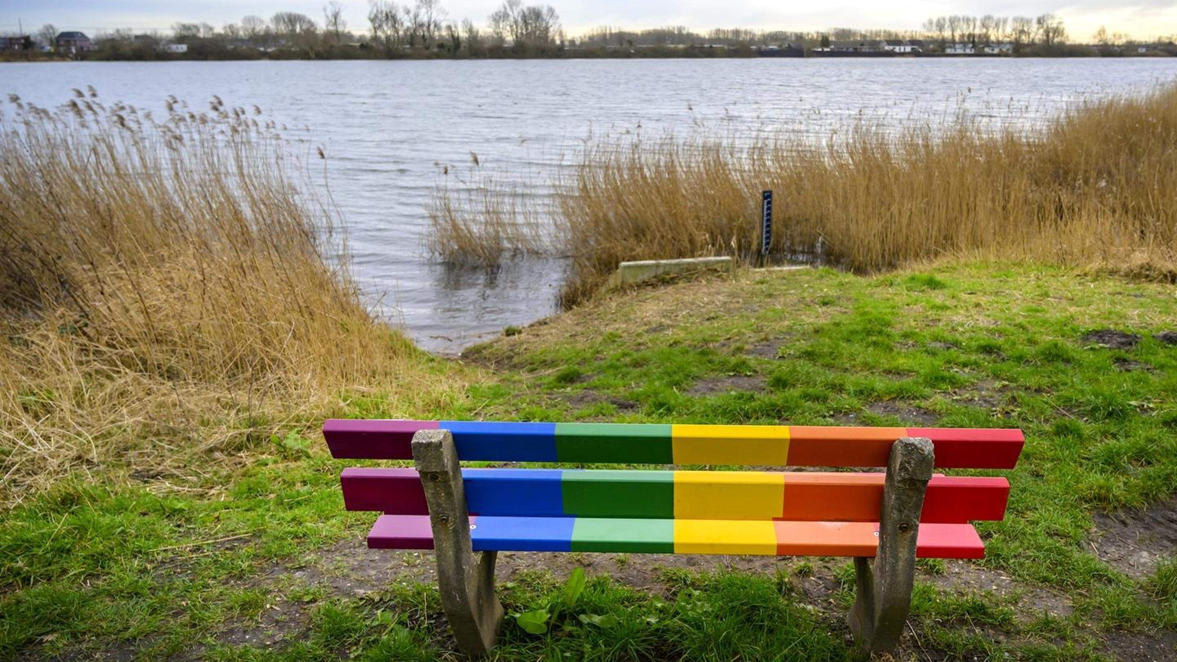 Regenboogbankje aan Meerwijkplas na beschadiging tijdelijk vervangen door ’neutraal bankje’